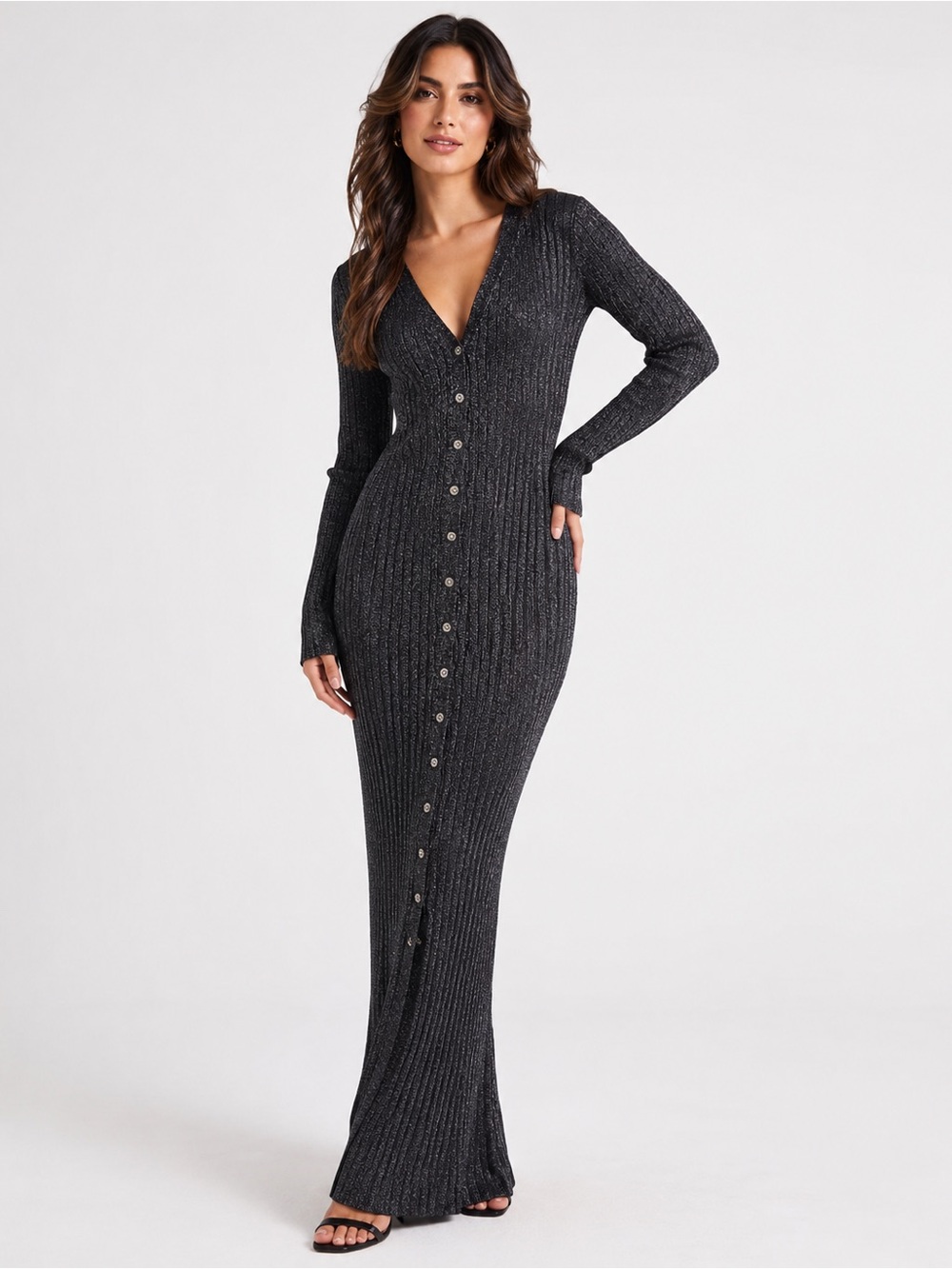 Calvin Klein Black Ribbed Button-Front Midi Dress